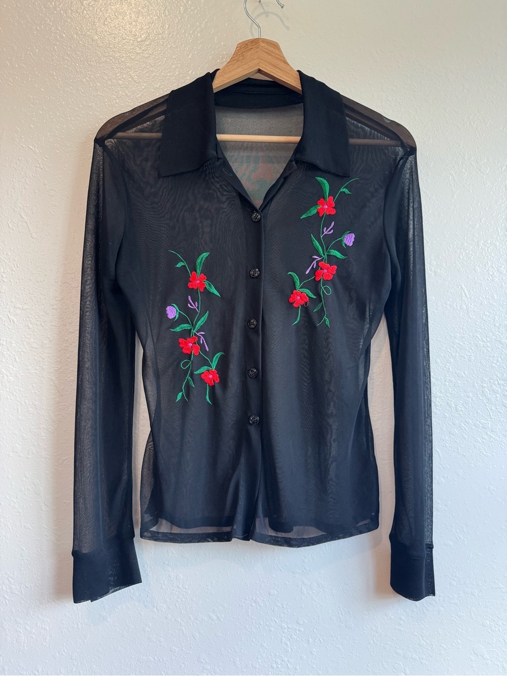 Black Sheer Button-Down Shirt with Red Floral Embroidery